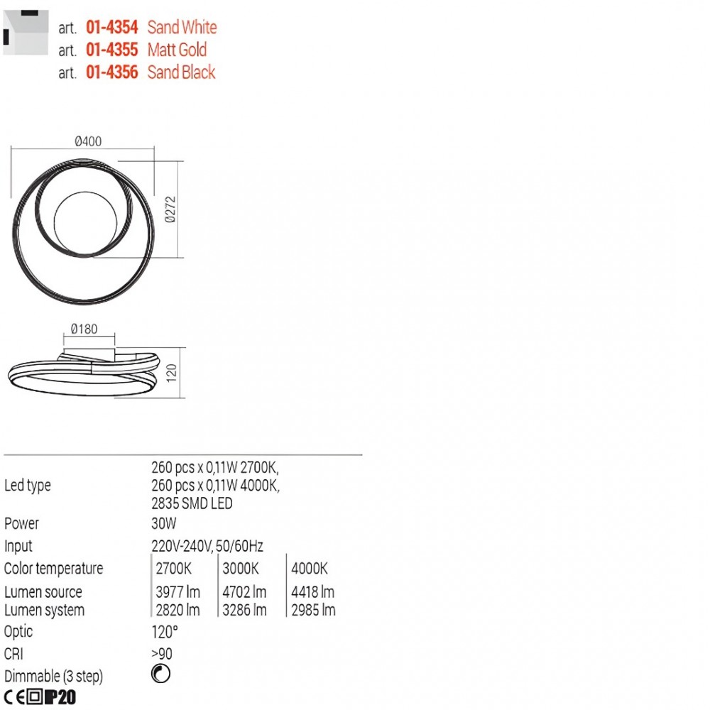 Ceiling lamp Redo Torsion, metal, sand white, dimmable, LED CCT, 30W, 3286 lumens, 2700K/3000K/4000K, D.40 cm