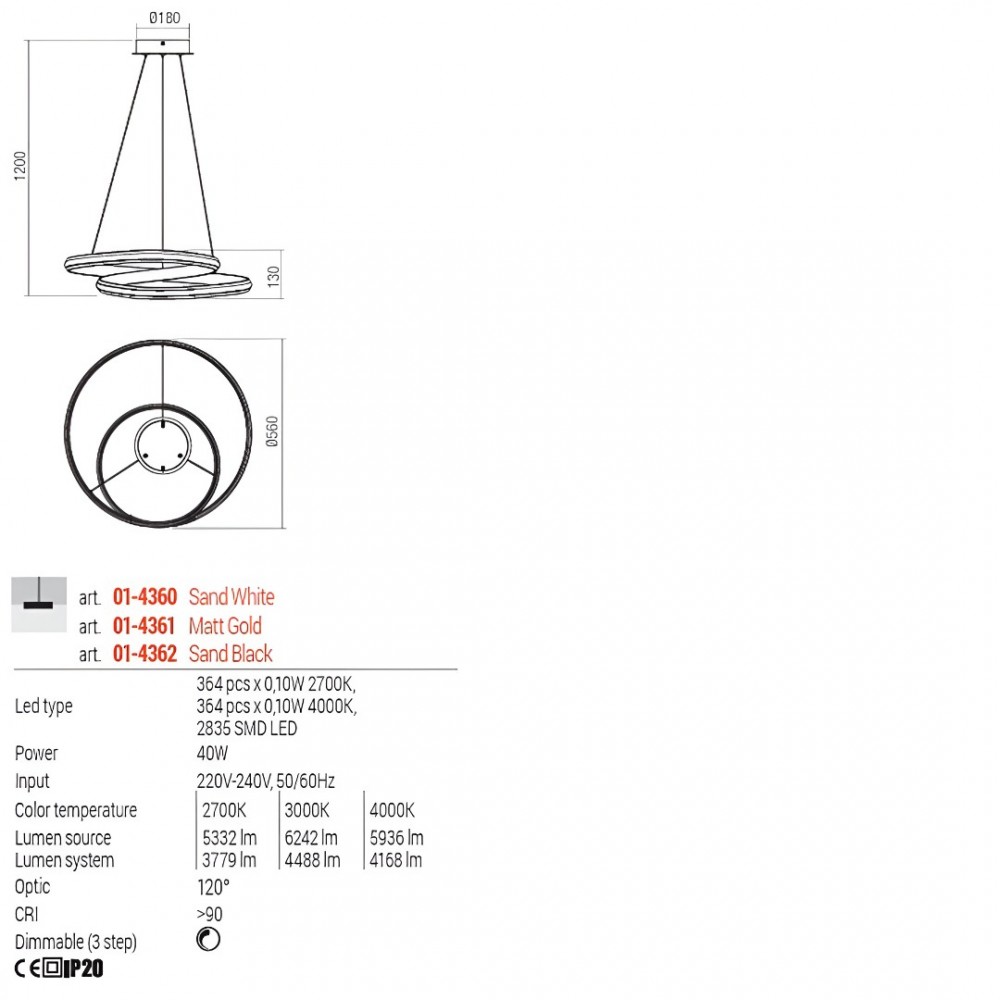 Suspension Redo Torsion, metal, matt gold, dimmable, LED CCT, 40W, 4488 lumens, 2700K/3000K/4000K, D.56 cm
