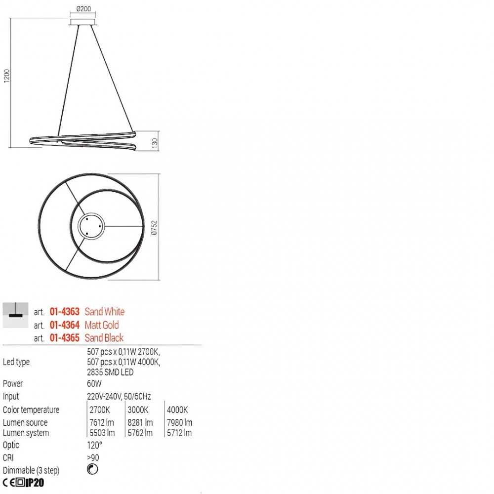 Suspension Redo Torsion, metal, matt gold, dimmable, LED CCT, 60W, 5762 lumens, 2700K/3000K/4000K, D.75 cm