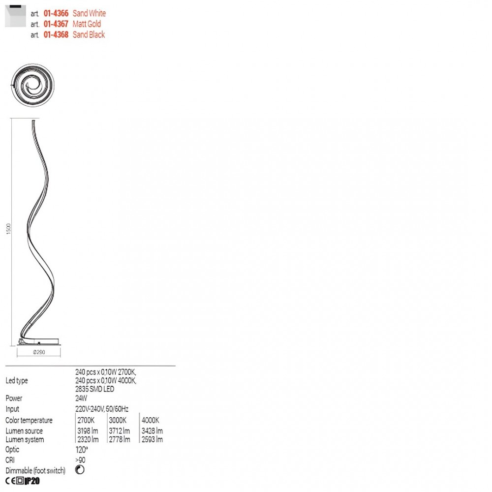 Floor lamp Redo Torsion, metal, sand white, dimmable, LED CCT, 24W, 2778 lumens, 2700K/3000K/4000K, H.150 cm