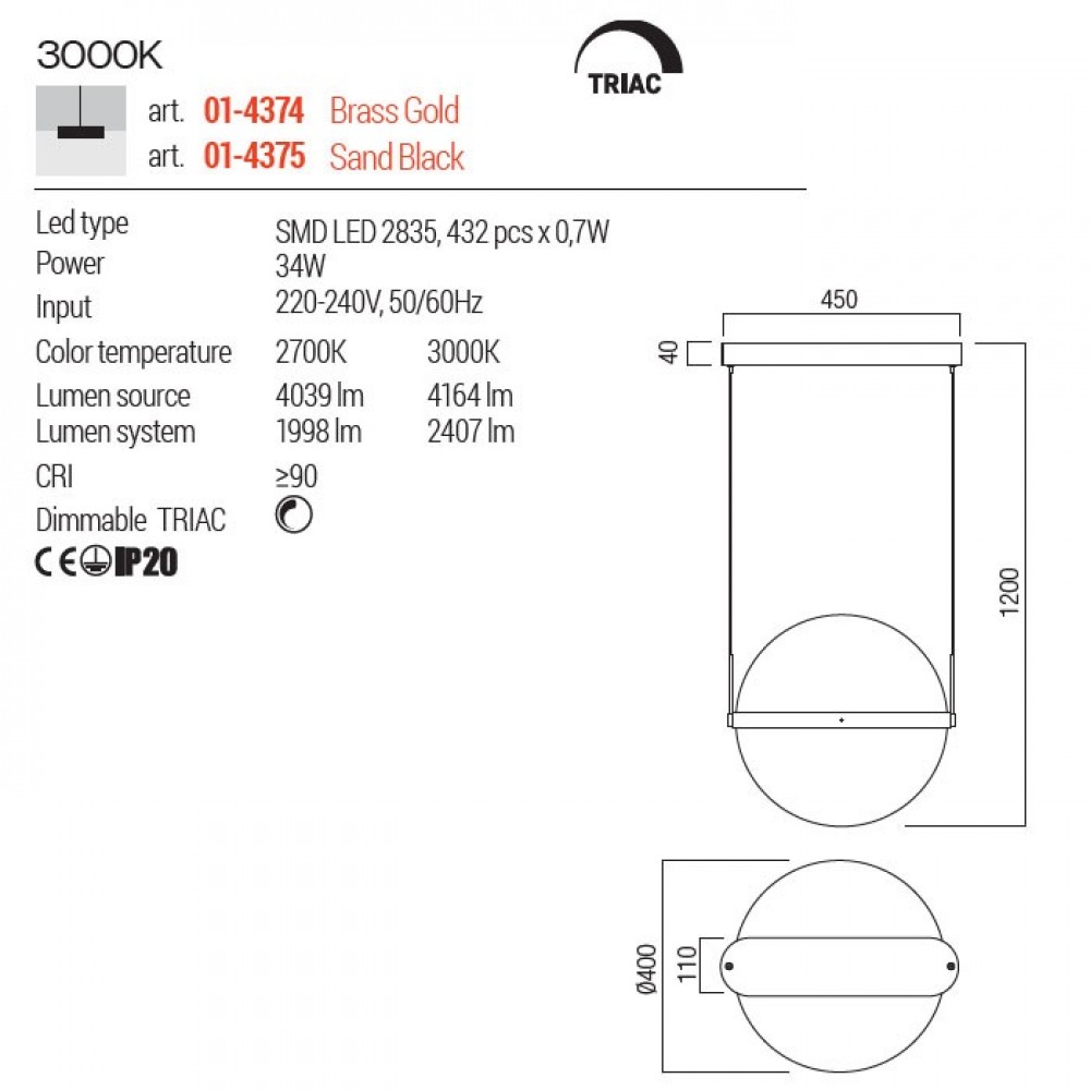 Pendant lamp Redo Atlas, metal, acryl, brass gold, LED, 34W, 2407 lumens, warm white 3000K, D.40 cm