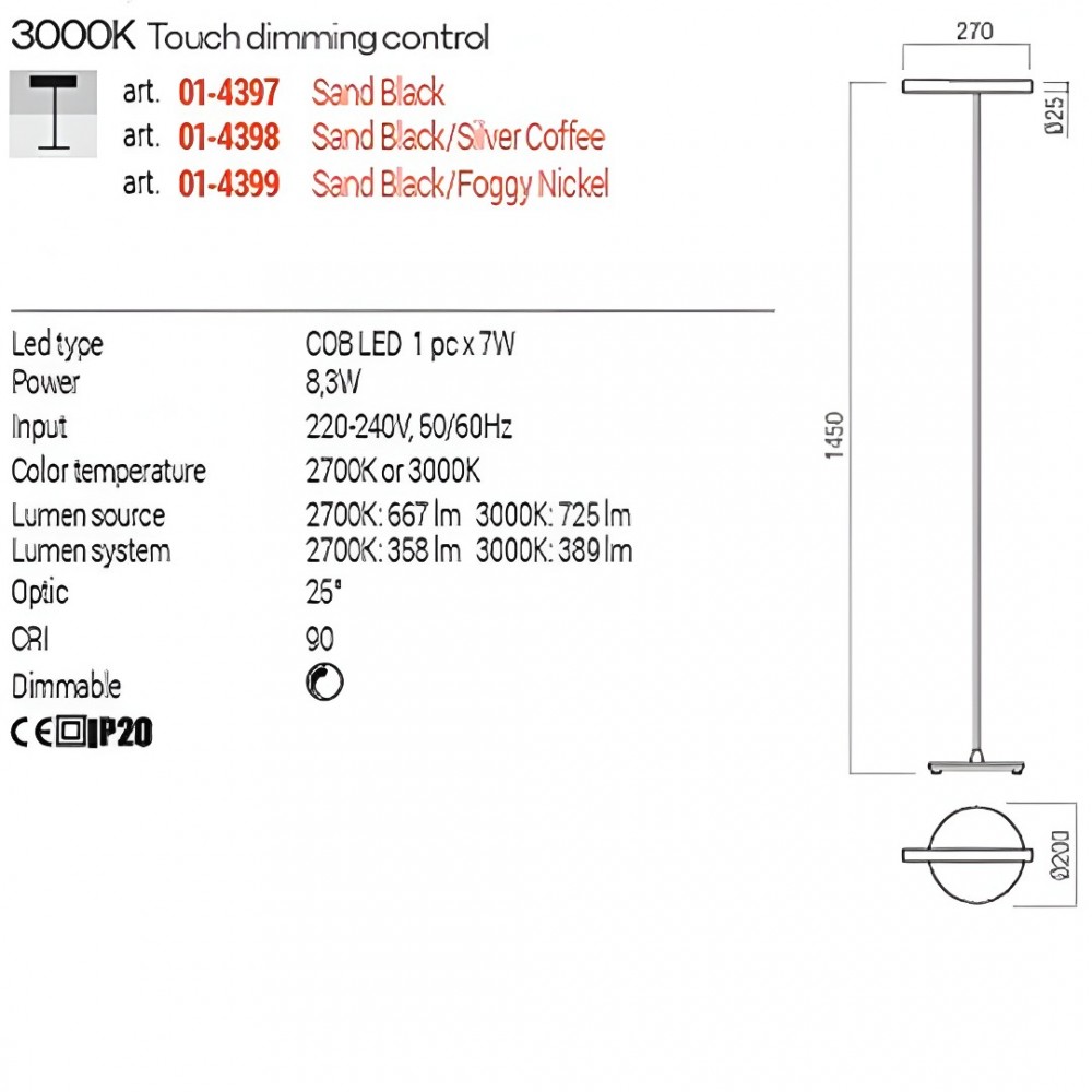 Floor lamp Redo Praxi, metal, sand black/foggy nickel, dimmable, LED, 8,3W, 389 lumens, warm white 3000K, H.145 cm
