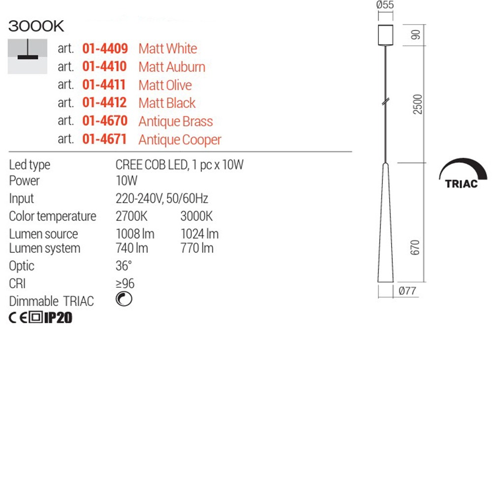 Suspension Redo Botera, metal, matt olive, dimmable, LED, 10W, 770 lumens, warm white 3000K, D.7 cm