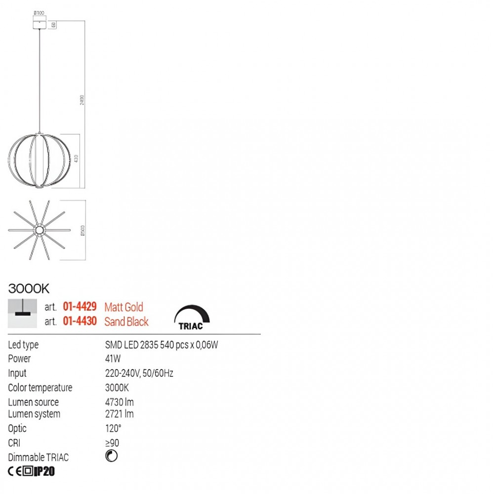 Suspension Redo Moss, metal, matt gold, dimmable, LED, 41W, 2721 lumens, warm white 3000K, D.50 cm