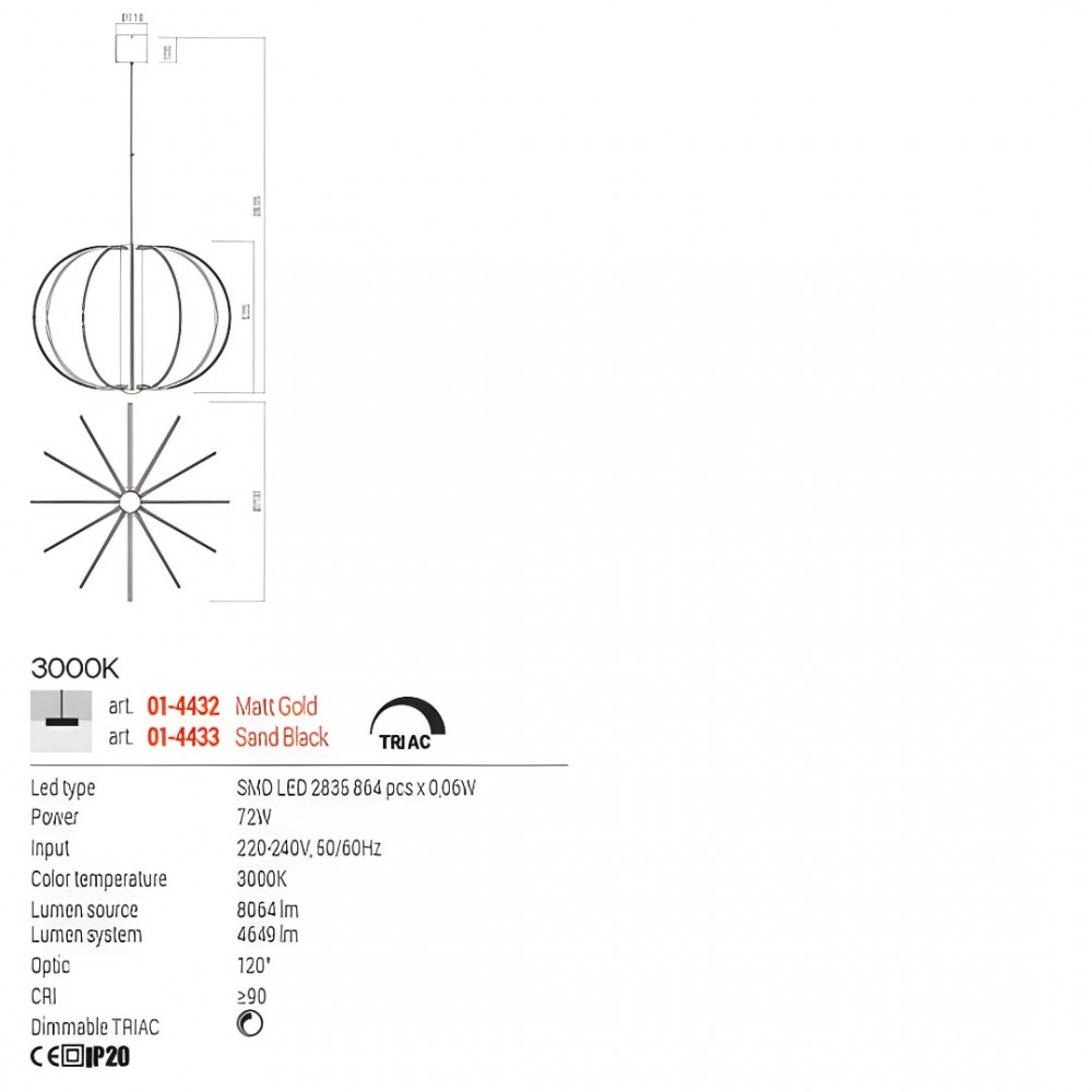 Suspension Redo Moss, metal, sand black, dimmable, LED, 72W, 4649 lumens, warm white 3000K, D.70 cm