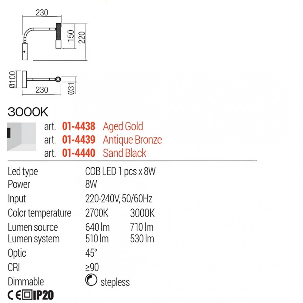 Wall lamp Redo Drill, metal, sand black, LED, 8W, 530 lumens, warm white 3000K, H.22 cm