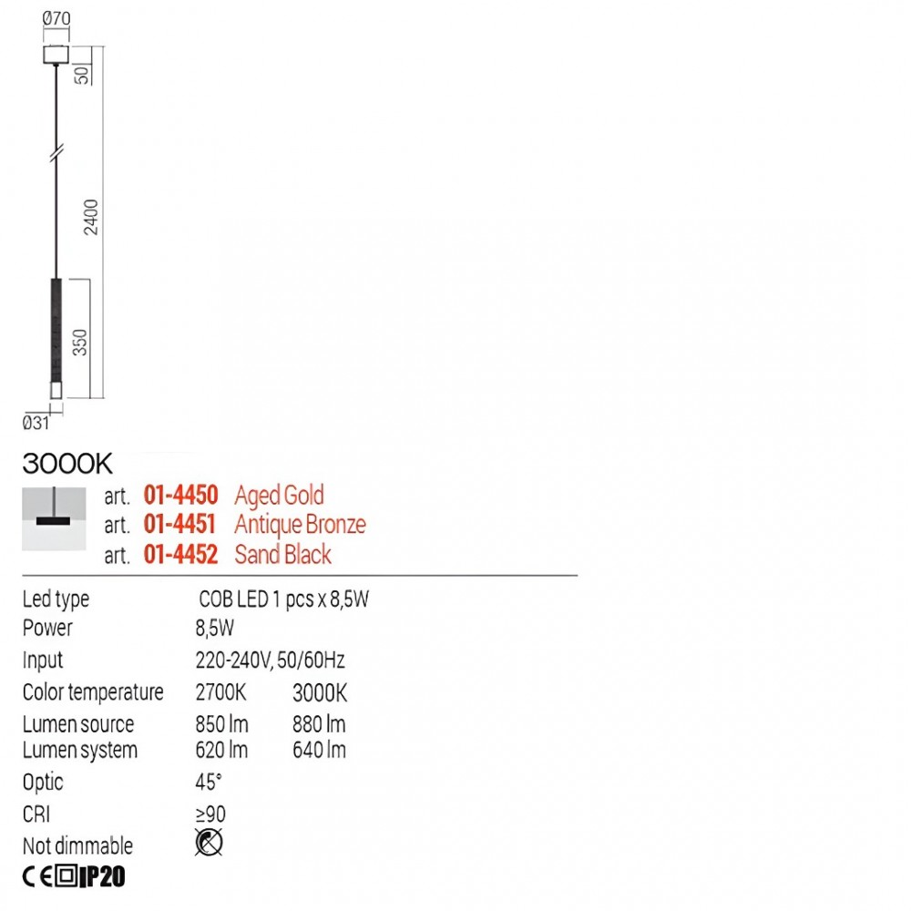 Suspension Redo Drill, metal, sand balck, LED, 8,5W, 640 lumens, warm white 3000K, D.3 cm