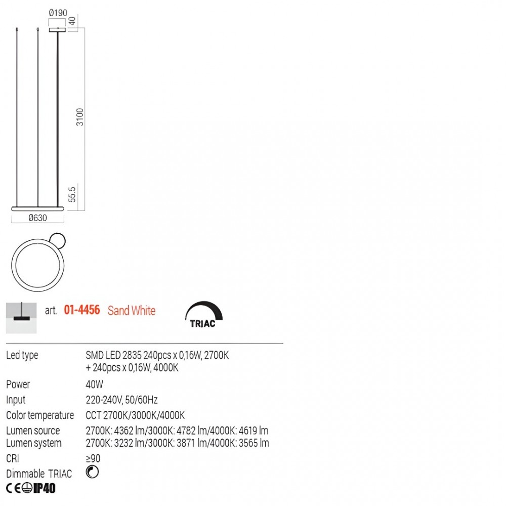 Suspension Redo Halley, metal, sand white, LED CCT, 40W, 3565 lumens, 2700K/3000K/4000K, D.63 cm