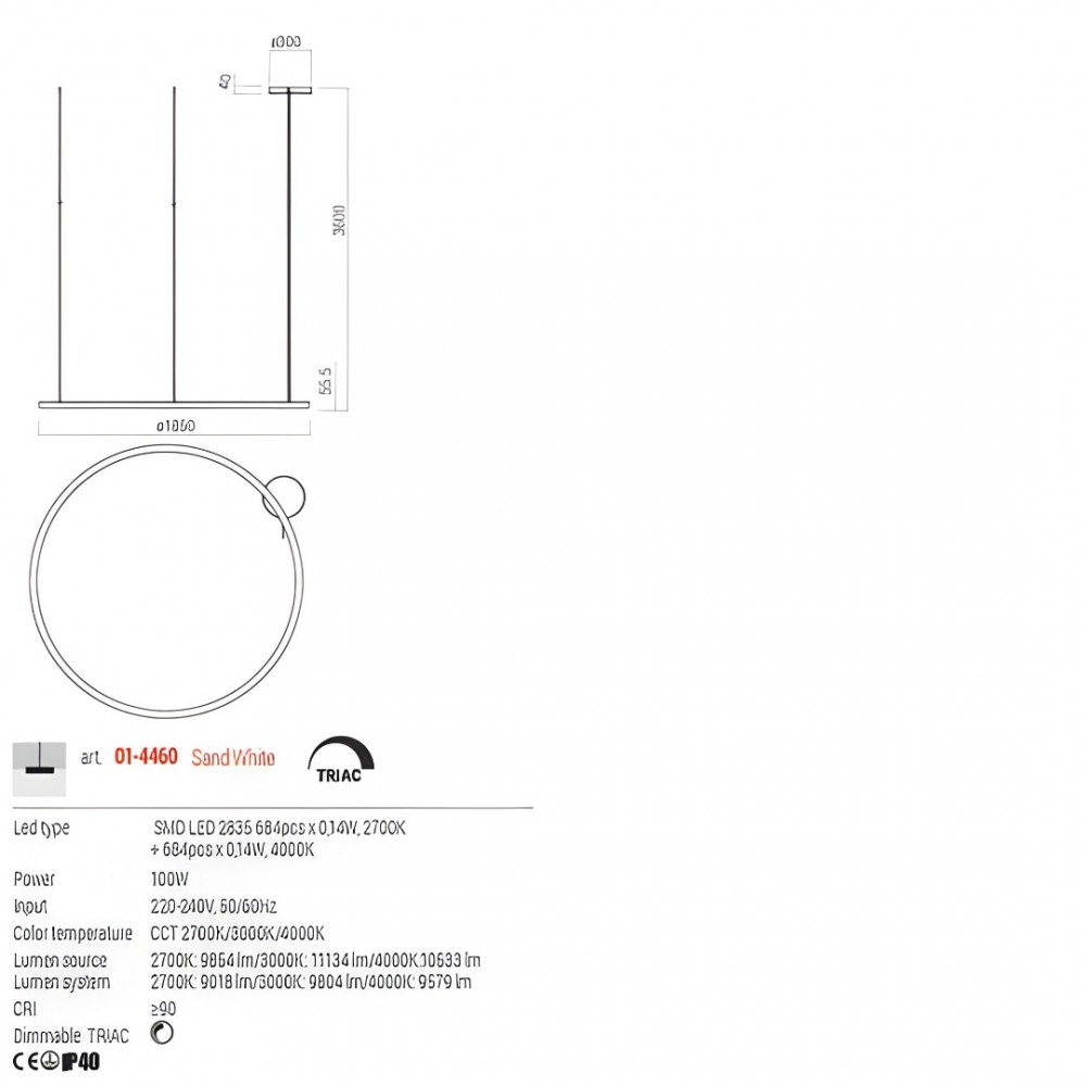Suspension Redo Halley, metal, sand white, LED CCT, 100W, 9579 lumens, 2700K/3000K/4000K, D.185 cm