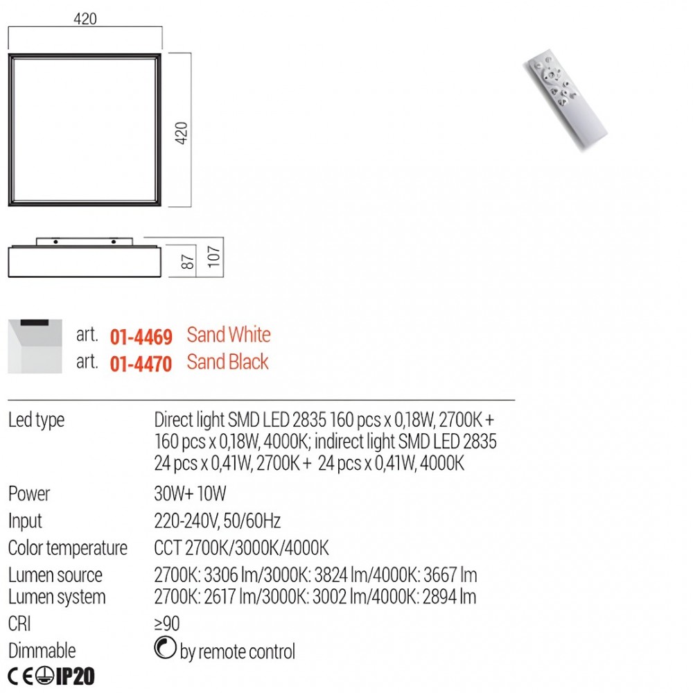 Ceiling lamp Redo Hover, metal, sand white, remote control, LED CCT, 30+10W, 2894 lumens, 2700K/3000K/4000K, L.42 cm
