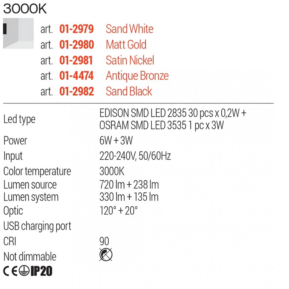 Wall lamp Redo Quda, metal, antique bronze, LED, 6W + 3W, 465 lumens, warm white 3000K, H.18 cm