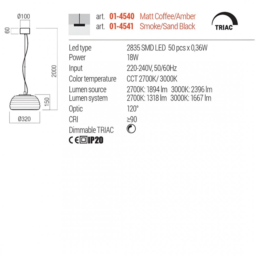 Suspension Redo Ondula, metal, glass, smoke/sand black, dimmable, LED CCT, 18W, 1667 lumens, warm white 2700K/3000K, D.32 cm