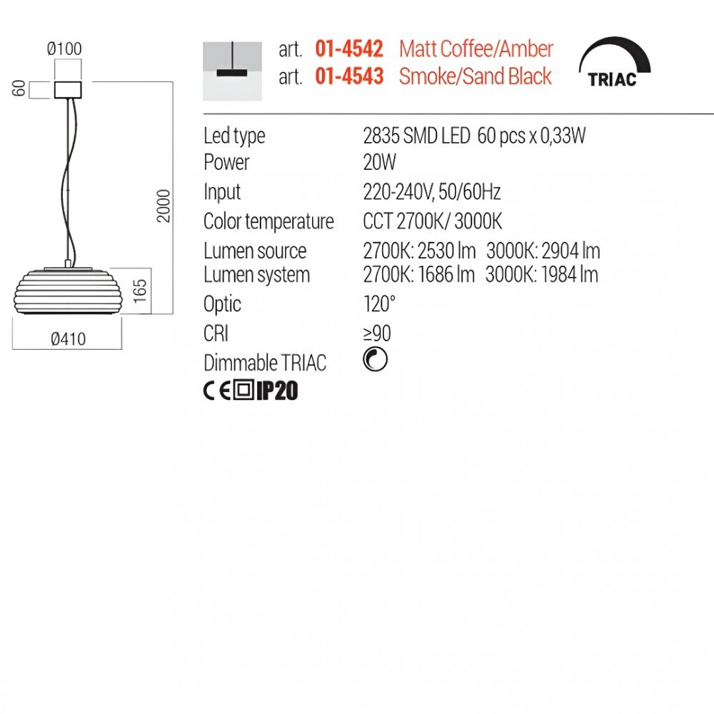 Suspension Redo Ondula, metal, glass, smoke/sand black, dimmable, LED CCT, 20W, 1984 lumens, warm white 2700K/3000K, D.41 cm