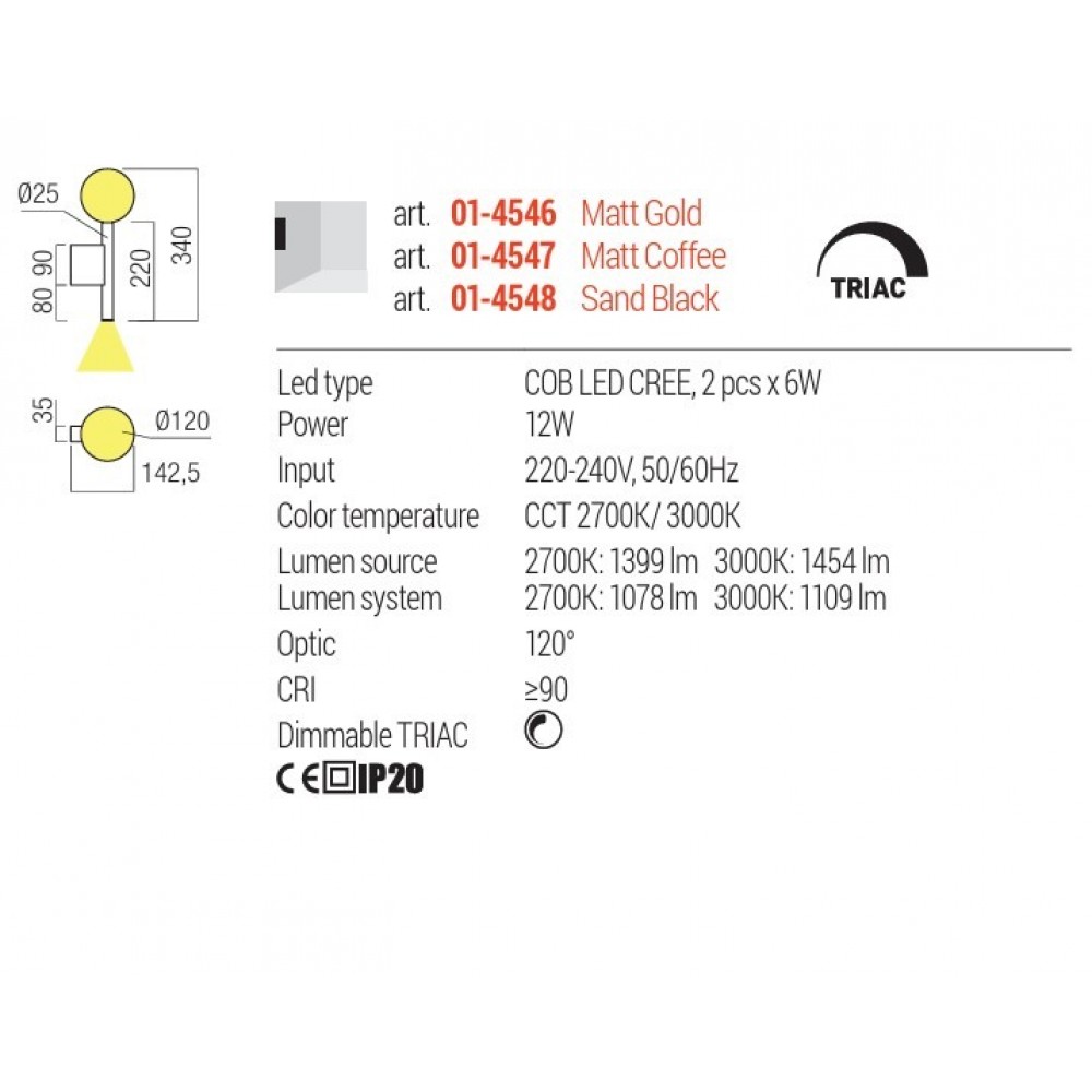 Wall lamp Redo Bolla, metal, glass, matt gold, LED CCT, 12W, 1109 lumens, warm white 2700K/3000K. H.34 cm