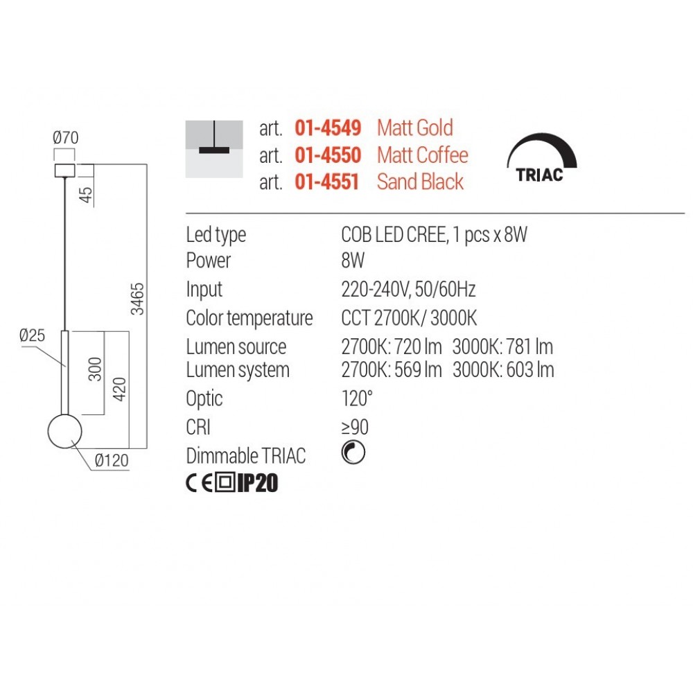 Pendant lamp Redo Bolla, metal, glass, matt gold, LED CCT, 8W, 603 lumens, warm white 2700K/3000K, D.12 cm