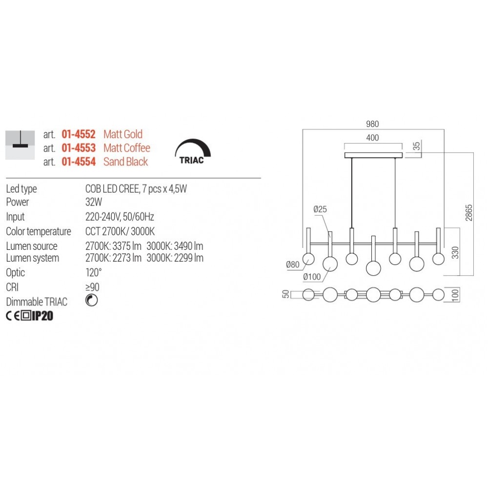 Pendant lamp Redo Bolla, metal, glass, sand black, LED CCT, 32W, 2299 lumens, warm white 2700K/3000K, L.98 cm