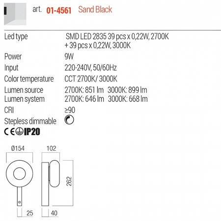 Wall lamp Redo Ethos, metal, glass, sand black, LED CCT, 9W, 668 lumens, warm white 2700K/3000K, H.26 cm