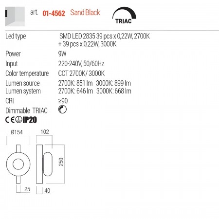 Wall lamp Redo Ethos, metal, glass, sand black, LED CCT, 9W, 668 lumens, warm white 2700K/3000K, H.25 cm