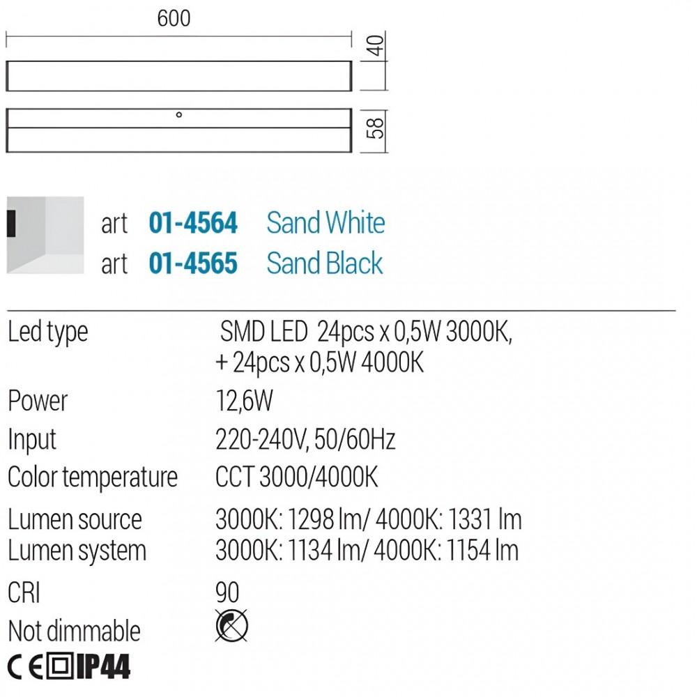 Wall lamp Redo Task, metal, sand white, LED CCT, 12,6W, 1154 lumens, 3000K/4000K, L.60 cm, IP44