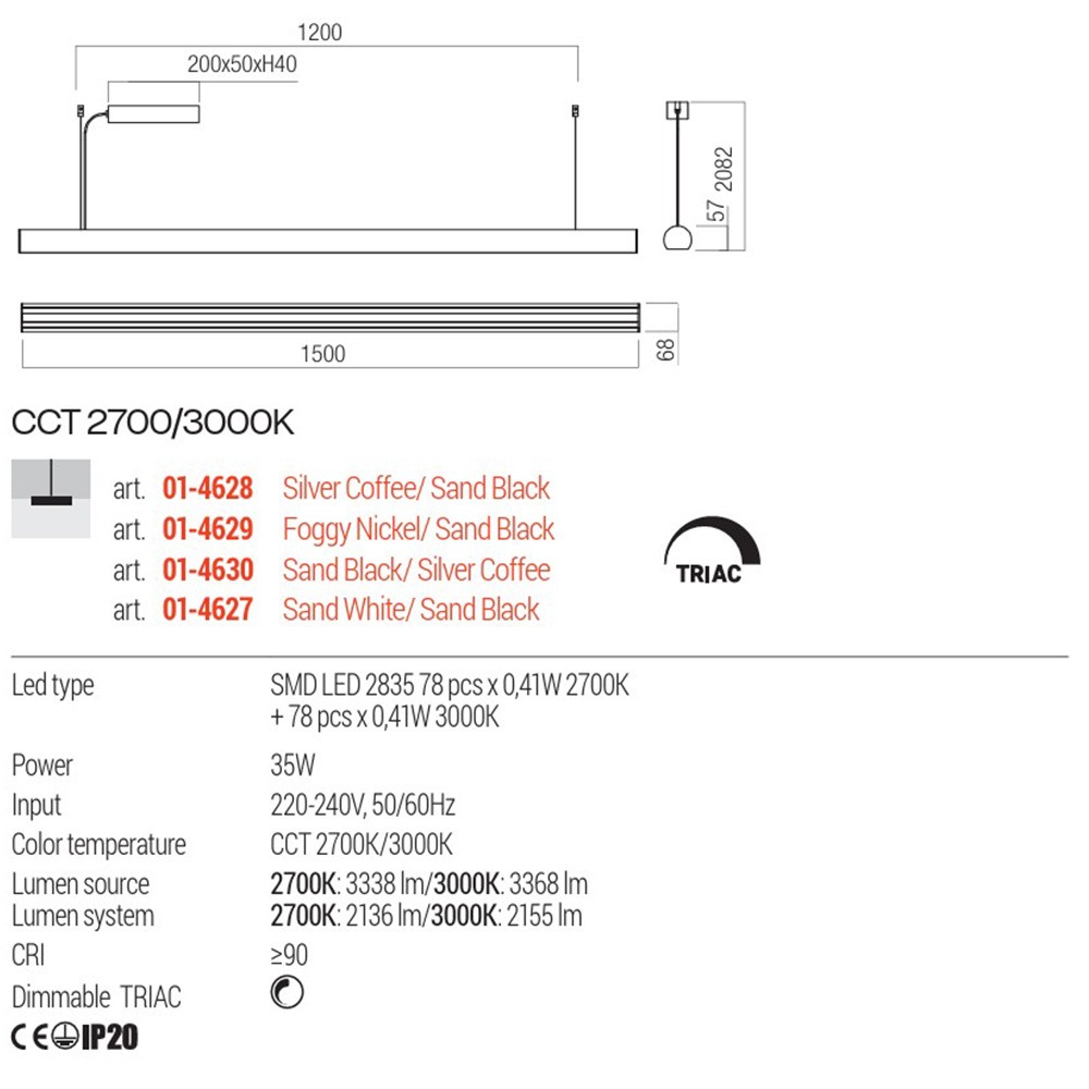 Suspension Redo Cityline, metal, silver coffee/sand black, dimmable, LED CCT, 35W, 2155 lumens, warm white 2700K/3000K, L.150 cm