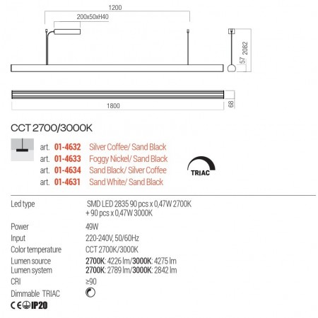 Suspension Redo Cityline, metal, foggy nickel/sand black, LED CCT, 49W, 2842 lumens, warm white 2700K/3000K, L.180 cm