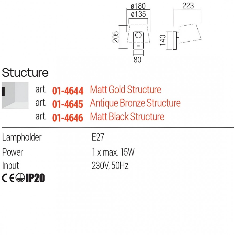 Wall lamp Redo Nemia, metal, matt gold, 1XE27, H.20 cm