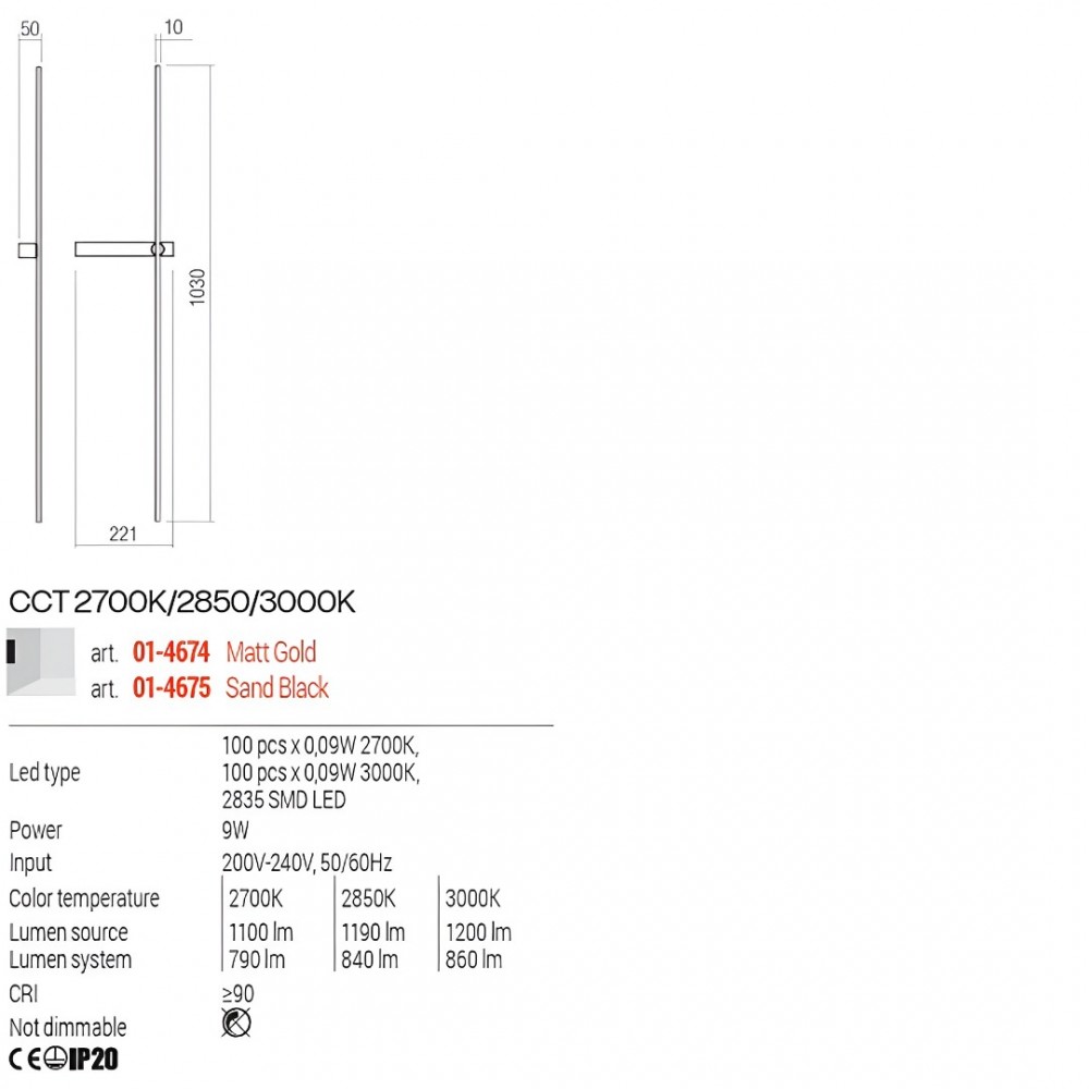 Wall lamp Redo Tangent, metal, matt gold, LED CCT, 9W, 860 lumens, 2700K/2850K/3000K, H.103 cm