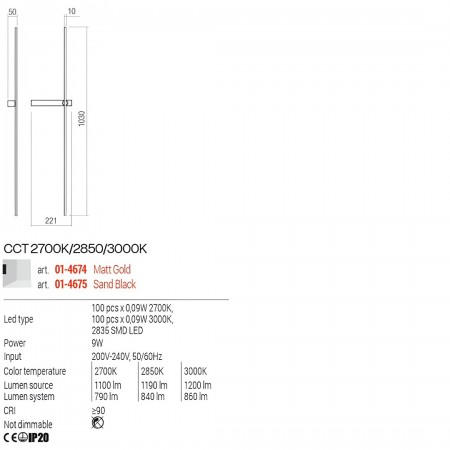 Wall lamp Redo Tangent, metal, matt gold, LED CCT, 9W, 860 lumens, 2700K/2850K/3000K, H.103 cm