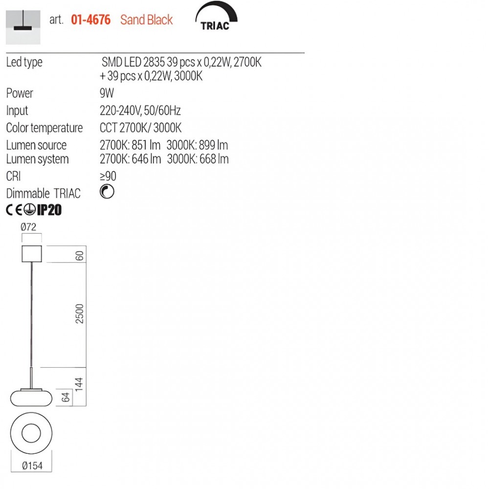 Suspension Redo Ethos, metal, glass, sand black, LED CCT, 9W, 668 lumens, warm white 2700K/3000K, D.15 cm