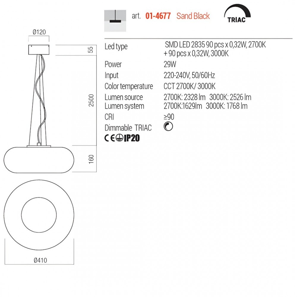 Suspension Redo Ethos, metal, glass, sand black, LED CCT, 29W, 1768 lumens, warm white 2700K/3000K, D.41 cm