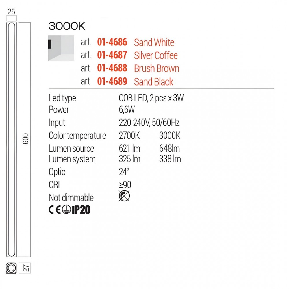 Wall lamp Redo Crisp, metal, sand black, dimmable, LED, 6,6W, 338 lumens, warm white 3000K, H.60 cm