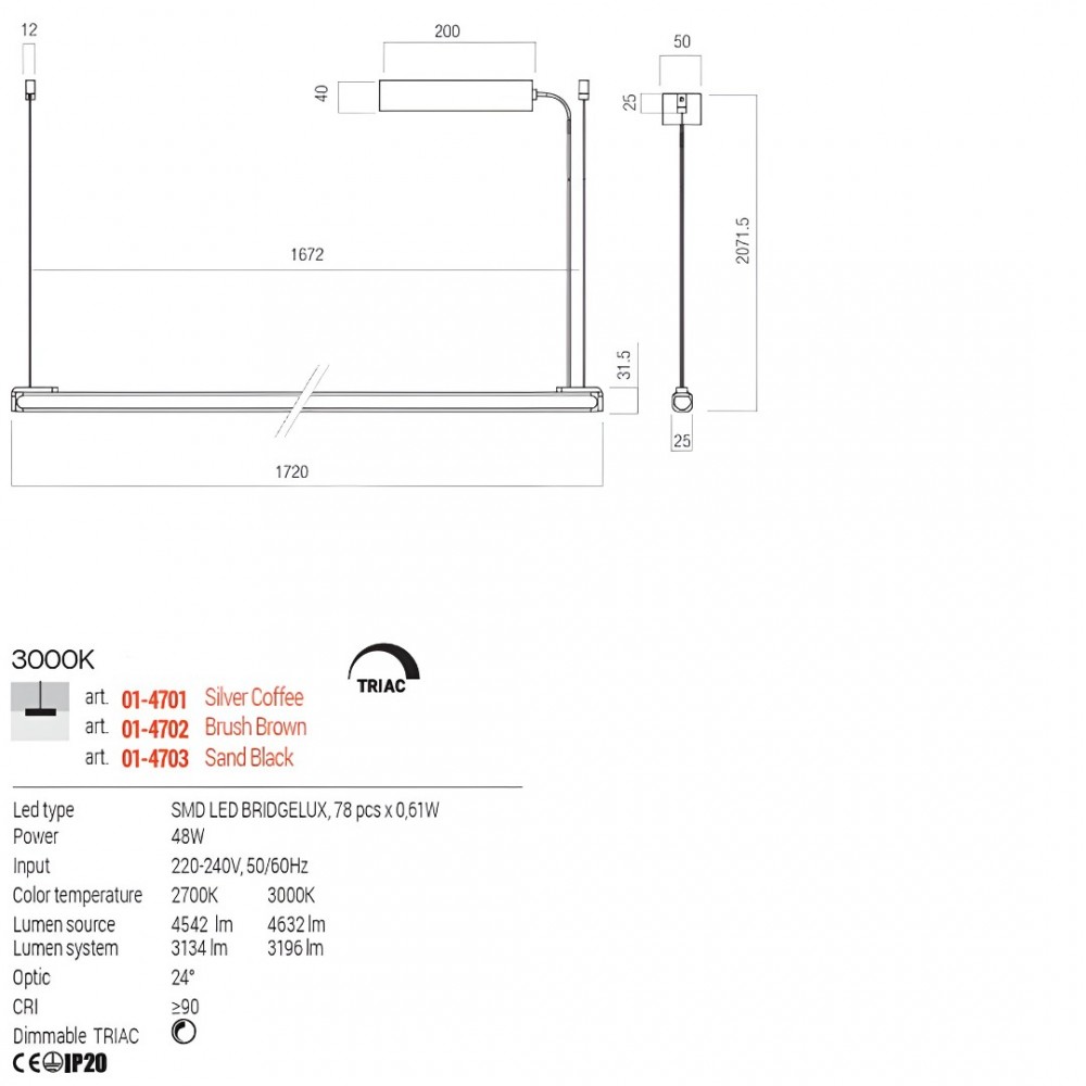 Suspension Redo Crisp, metal, sand black, dimmable, LED, 48W, 3196 lumens, warm white 3000K, L.172 cm