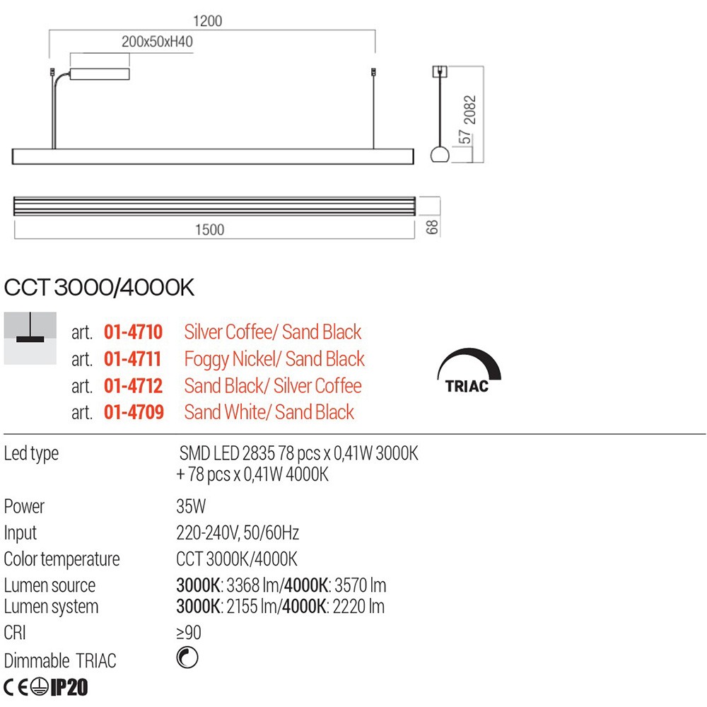 Suspension Redo Cityline, metal, silver coffee/sand black, dimmable, LED CCT, 35W, 2155 lumens, 3000K/4000K, L.150 cm