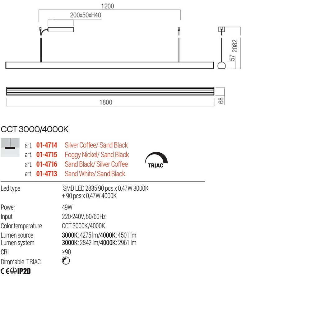 Suspension Redo Cityline, metal, sand white/sand black, LED CCT, 49W, 2961 lumens, 3000K/4000K, L.180 cm