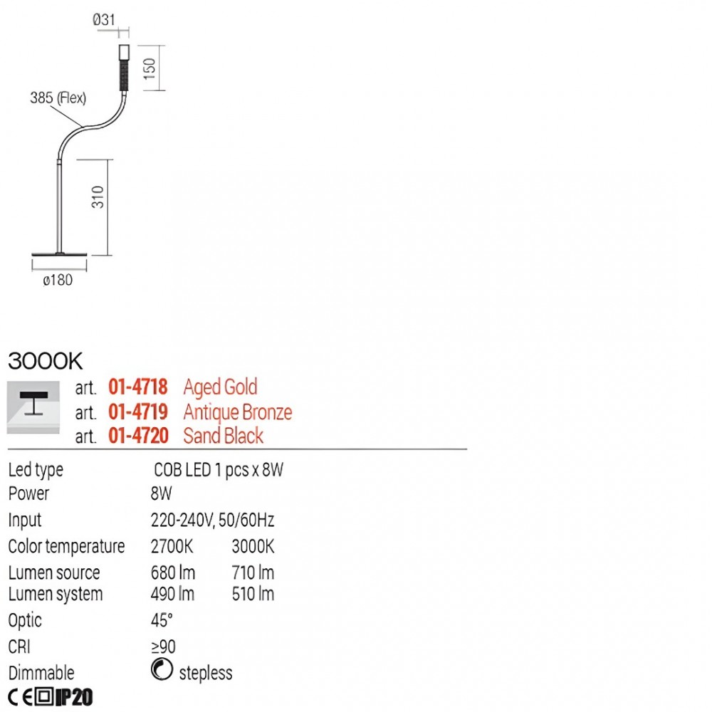 Table lamp Redo Drill, metal, sand black, LED, 8W, 510 lumens, warm white 3000K, H.31 cm