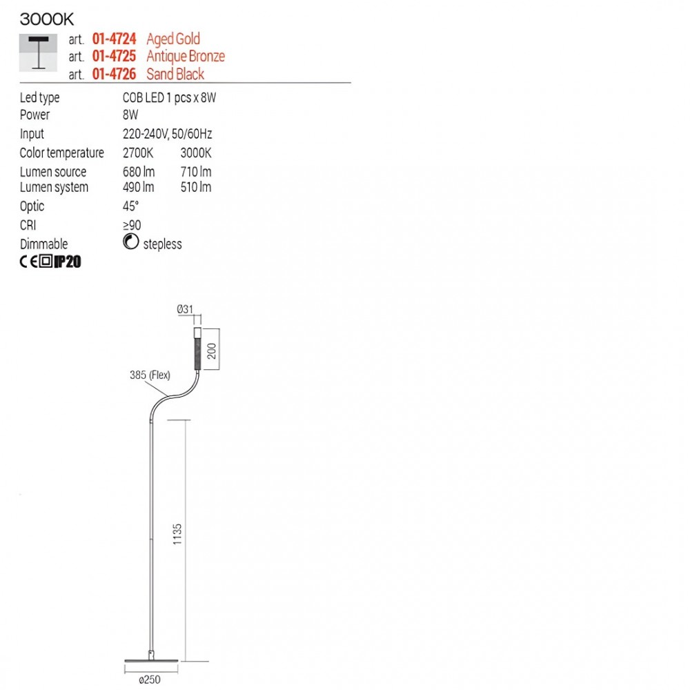 Floor lamp Redo Drill, metal, sand black/aged gold, LED, 8W, 510 lumens, warm white 3000K, H.113 cm