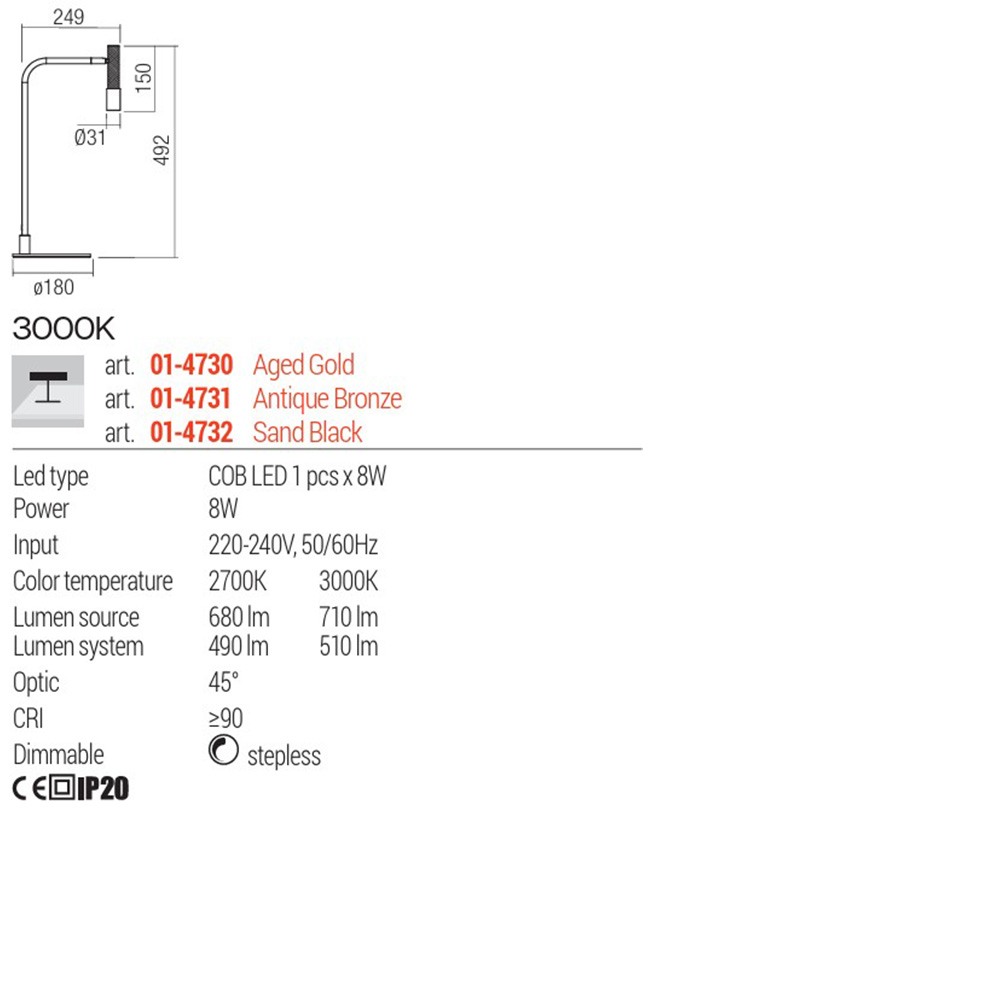 Table lamp Redo Drill, metal, sand black/aged gold, LED, 8W, 510 lumens, warm white 3000K, H.49 cm