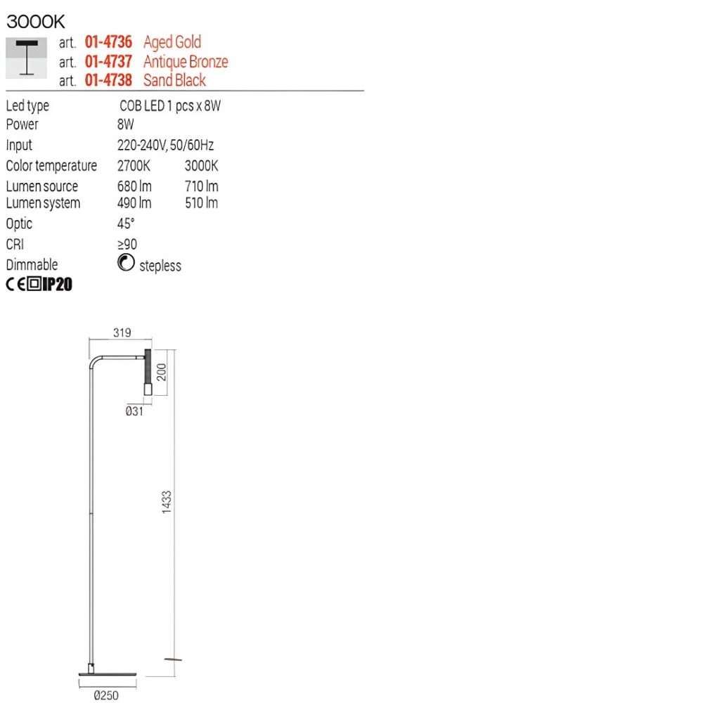 Floor lamp Redo Drill, metal, sand black, LED, 8W, 510 lumens, warm white 3000K, H.143 cm