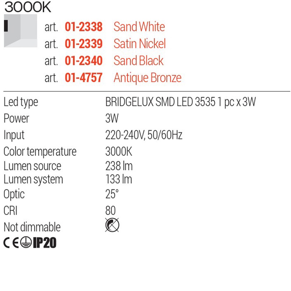 Wall lamp Redo Tomix, metal, sand white, LED, 3W, 133 lumens, warm white 3000K, H.9 cm