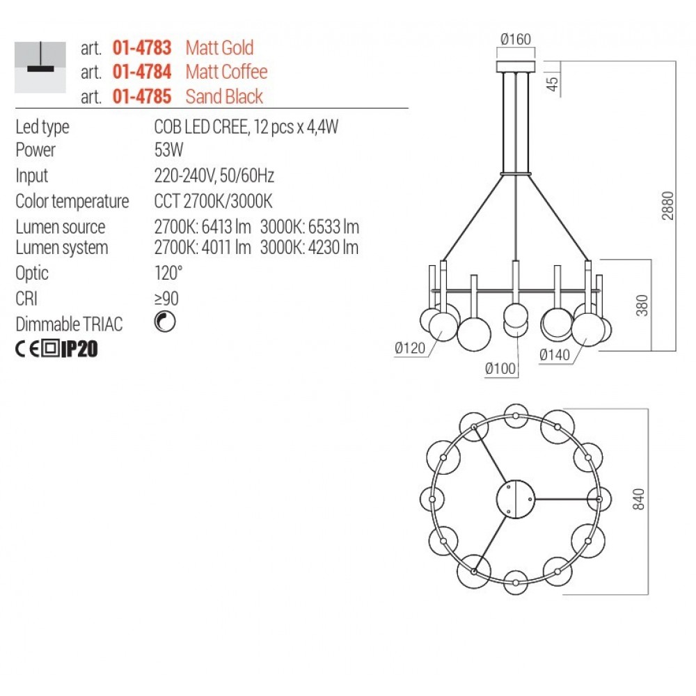 Pendant lamp Redo Bolla, metal, glass, matt gold, LED CCT, 53W, 4230 lumens, warm white 2700K/3000K, D.84 cm