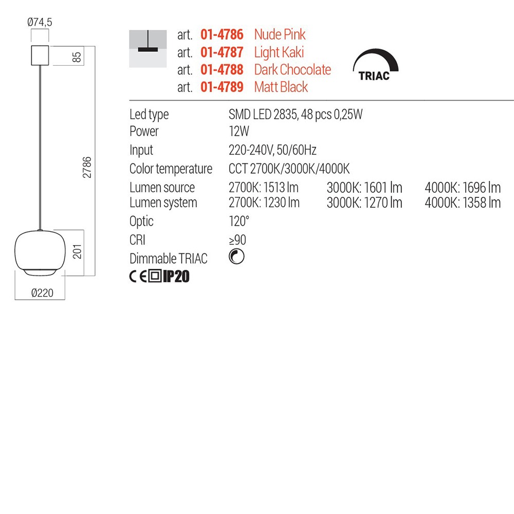 Suspension Redo Dubbo, metal, nude pink, LED CCT, 12W, 1358 lumens, 2700K/3000K/4000K, D.22 cm