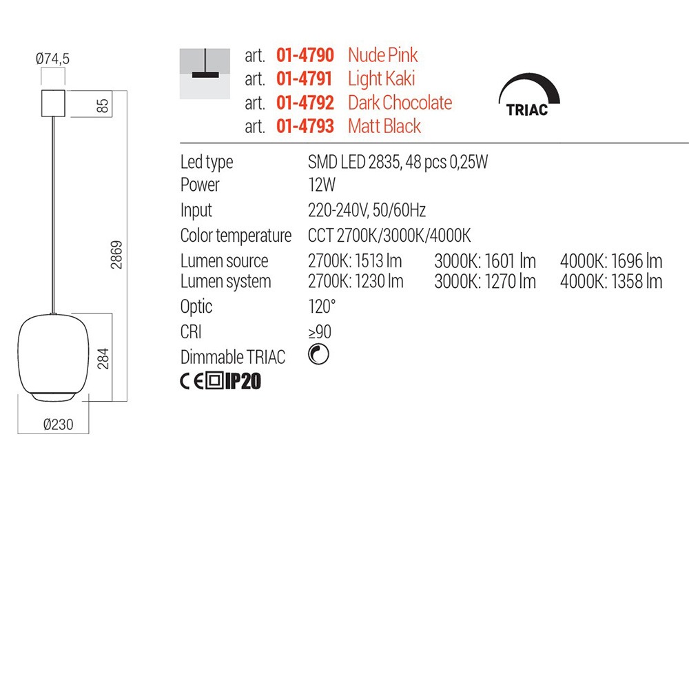 Suspension Redo Dubbo, metal, matt black, LED CCT, 12W, 1358 lumens, 2700K/3000K/4000K, D.23 cm