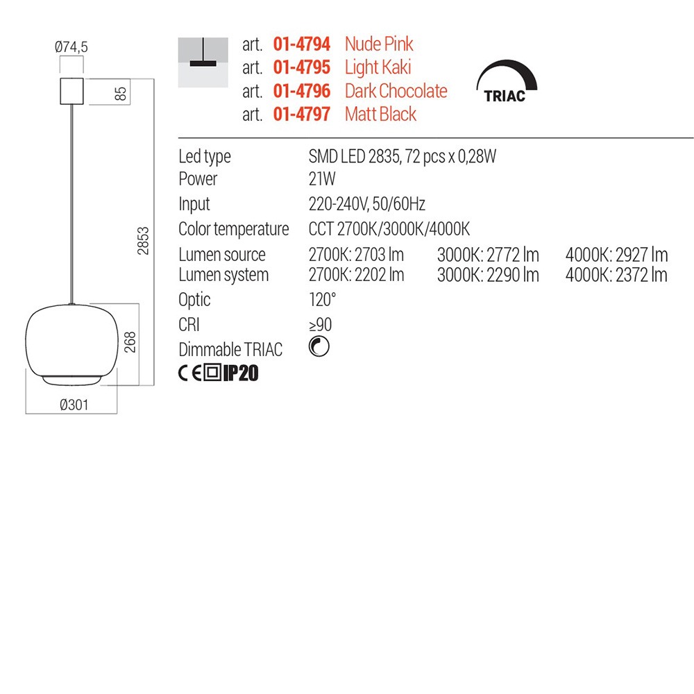 Suspension Redo Dubbo, metal, nude pink, LED CCT, 21W, 2372 lumens, 2700K/3000K/4000K, D.30 cm
