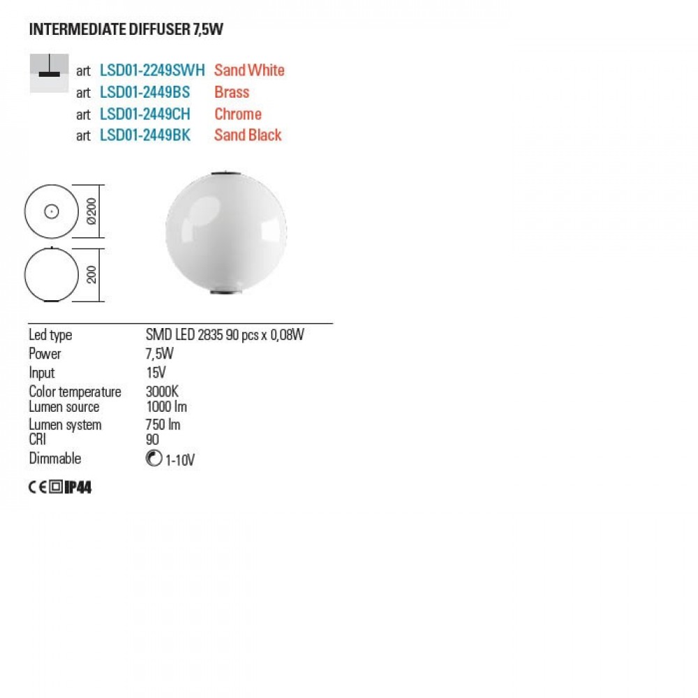 Intermediate diffuser Bilia, brass finish, LED, 7.5W, dimmable, 750 lumens, 3000K, D.20 cm, IP44