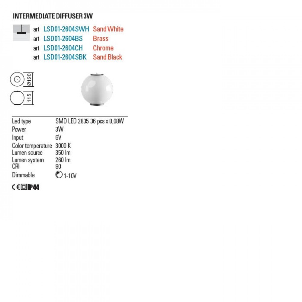 Intermediate diffuser Bilia, sand white, LED, 3W, dimmable, 260 lumens, 3000K, D.12 cm, IP44