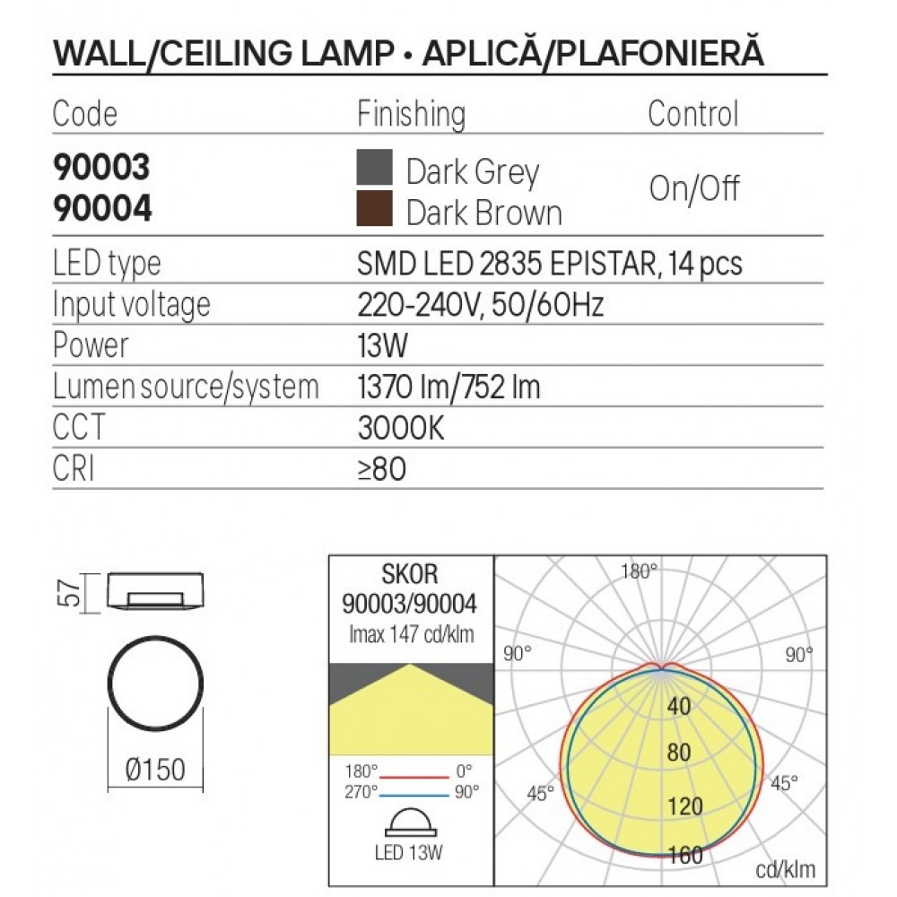 Wall lamp Redo Skor, metal, dark grey, LED, 13W, 752 lumens, warm white 3000K, D.15 cm, IP54