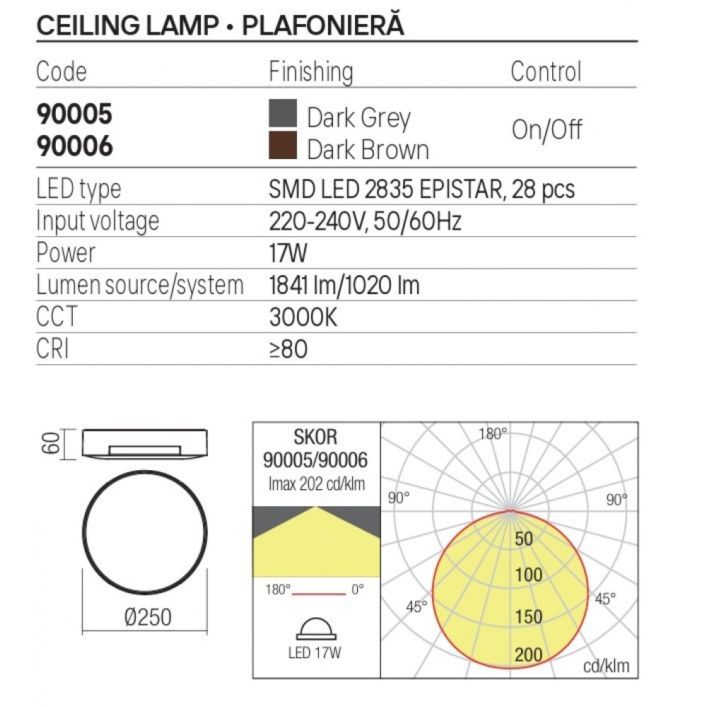 Ceiling lamp Redo Skor, metal, dark brown, LED, 17W, 1020 lumens, warm white 3000K, D.25 cm, IP54