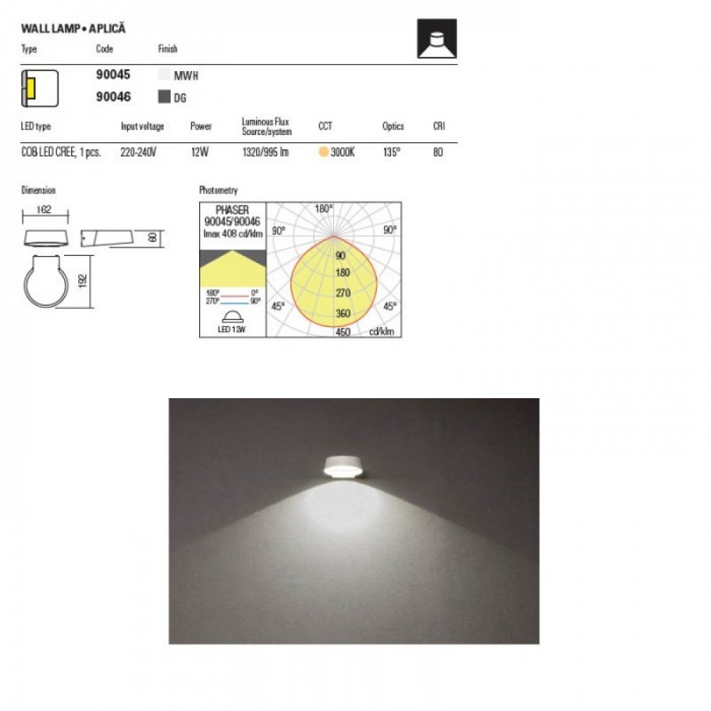 Wall lamp Redo Phaser, metal, dark grey, LED, 12,5W, 995 lumens, warm white 3000K, D.16 cm, IP54