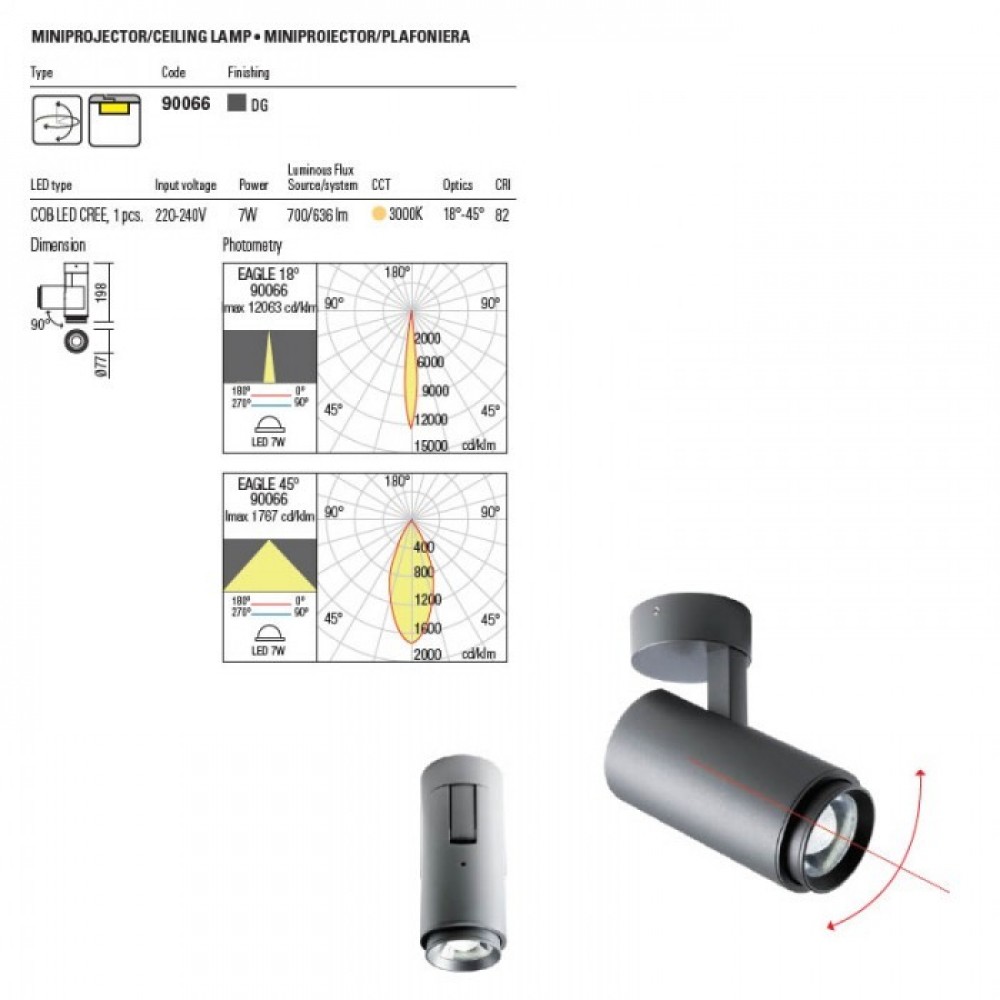 Miniprojector Redo Eagle, metal, dark grey, orientable, LED, 7W, 636 lumens, warm white 3000K, IP54