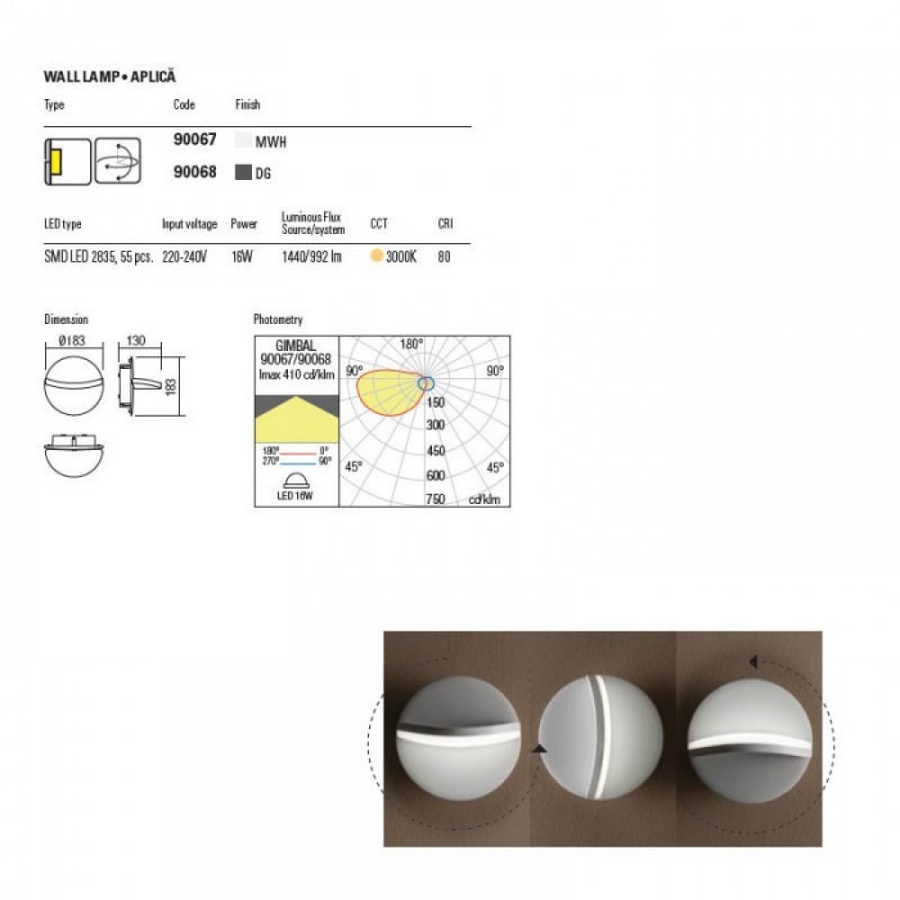 Wall lamp Redo Gimbal, metal, dark grey, LED, 16W, 992 lumens, warm white 3000K, D.18 cm, IP65